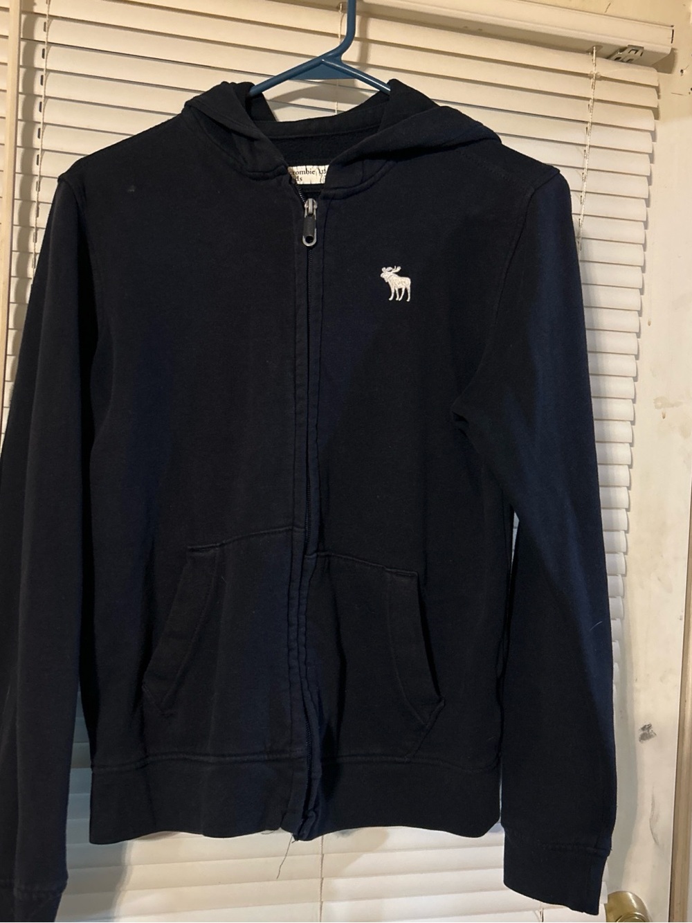 abercrombie kids Navy Zip Hoodie with White Moose Patch
